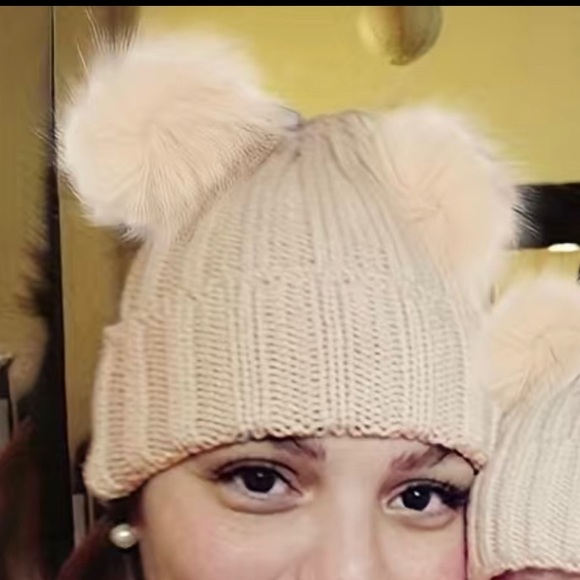 Beige Pompom Bear Ears Beanie Ribbed Knitted / Knit Hat - Picture 2 of 2